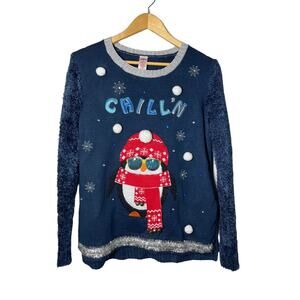 Ugly Christmas Sweater Penguin Navy Blue Lights up Pom Pom Medium Womens